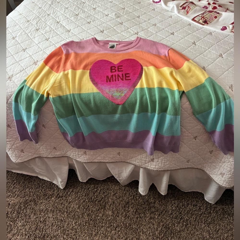 QUEEN OF SPARKLES VALENTINE BE MINE Rainbow Striped Sweater with Heart